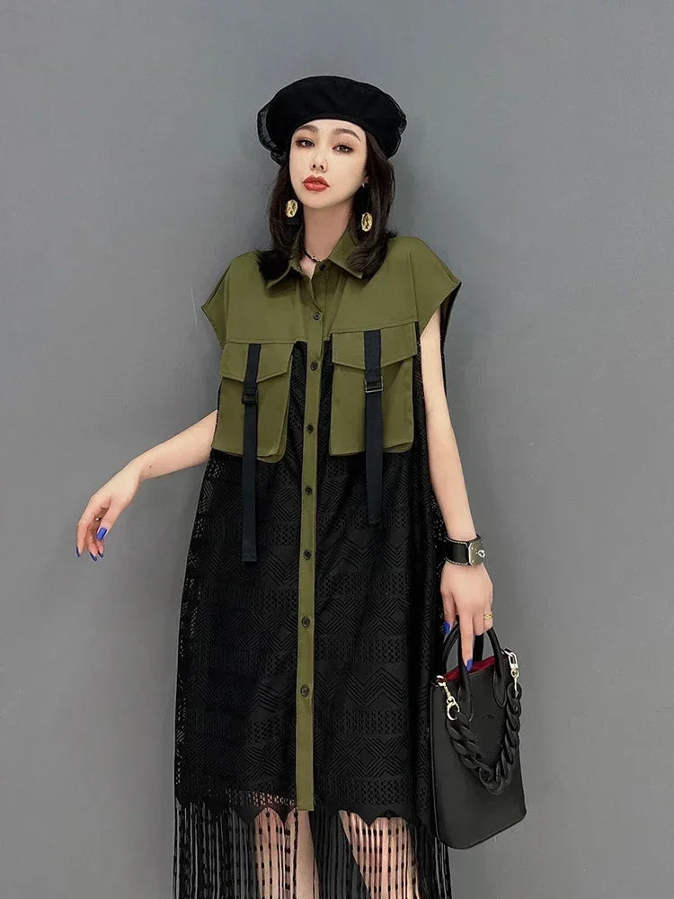 XITAO Mesh Dress Fashion Patchwork Small Fresh Single Breasted Goddess Fan Summer Minority Loose Elegant Dress ZY7350