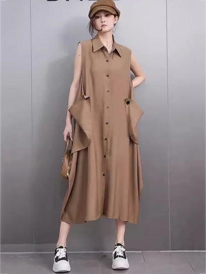 XITAO Pocket Sleeveless Dress Casual Solid Color A-line Loose Fitting Mid-calf Turn-down Color Simple Female Dress GMM1356