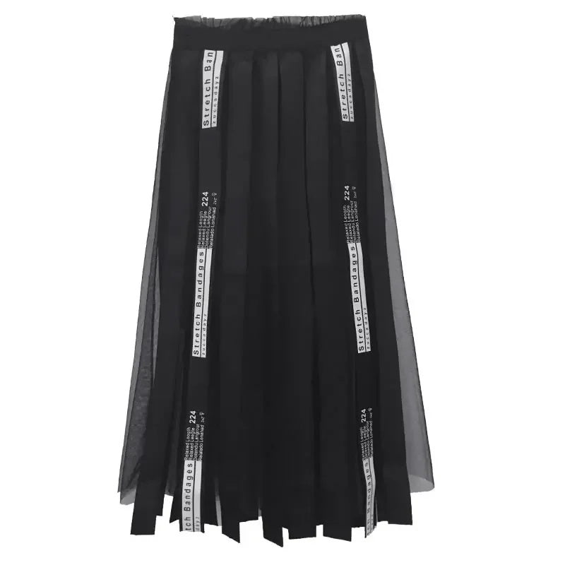 XITAO Mesh Hollow Out Print Letter Long Skirt Women Tape Elastic Waist Black Casual A-line Summer 2019 New Korea WLD1084