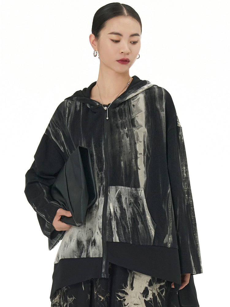 XITAO Tie Dye Asymmetrical Hooded Jackets Zipper Patchwork Pocket Loose Autumn New Arrival Casual Show Thin HQQ1592