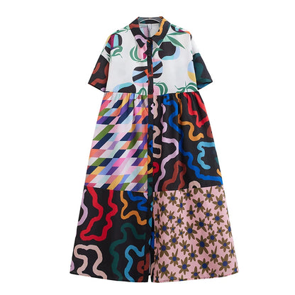 XITAO Print Short Sleeve Single Breasted Female A-line Dress Fashion Patchwork Loose Casual Summer Women New Dress ZY8807