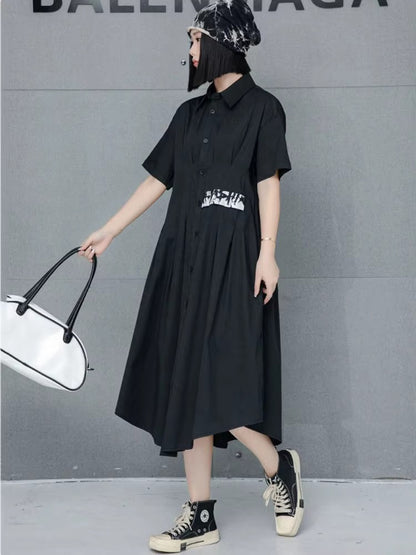 XITAO Loose Turn-down Collar Mid-calf A-line Solid Color Dress Irregular New Thin Single Breasted Buckle Female Dress GMM1019