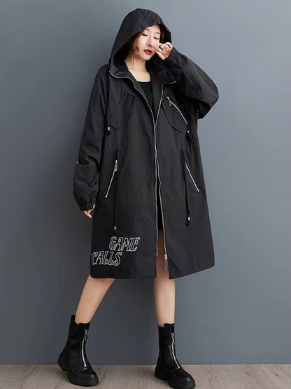 XITAO Hooded Printing Zipper Full Sleeve Coat Loose Casual A-line New Trendy Fashion Slimming Autumn Women Trench GMM1132