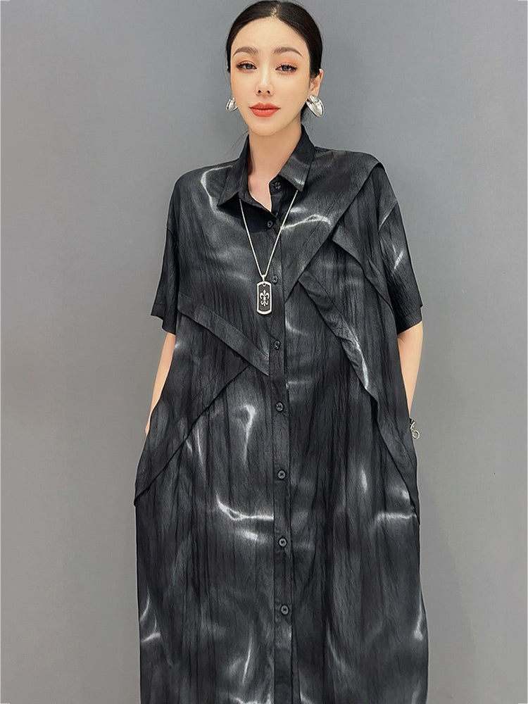 X XITAO Patchwork Print Single Breasted Lapel Dress Casual Loose Fitting Short Sleeve New Arrival Leisure Summer Female Dress GMM1317