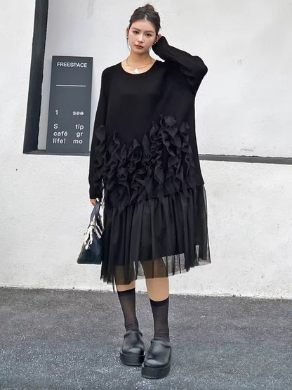 XITAO Patchwork Mesh Fold O-neck Solid Color Women Dress Mid-calf Full Sleeve Casual New Knitting Autumn Female Dress GMM1115