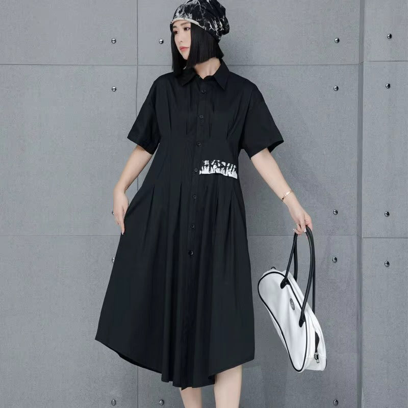 XITAO Loose Turn-down Collar Mid-calf A-line Solid Color Dress Irregular New Thin Single Breasted Buckle Female Dress GMM1019