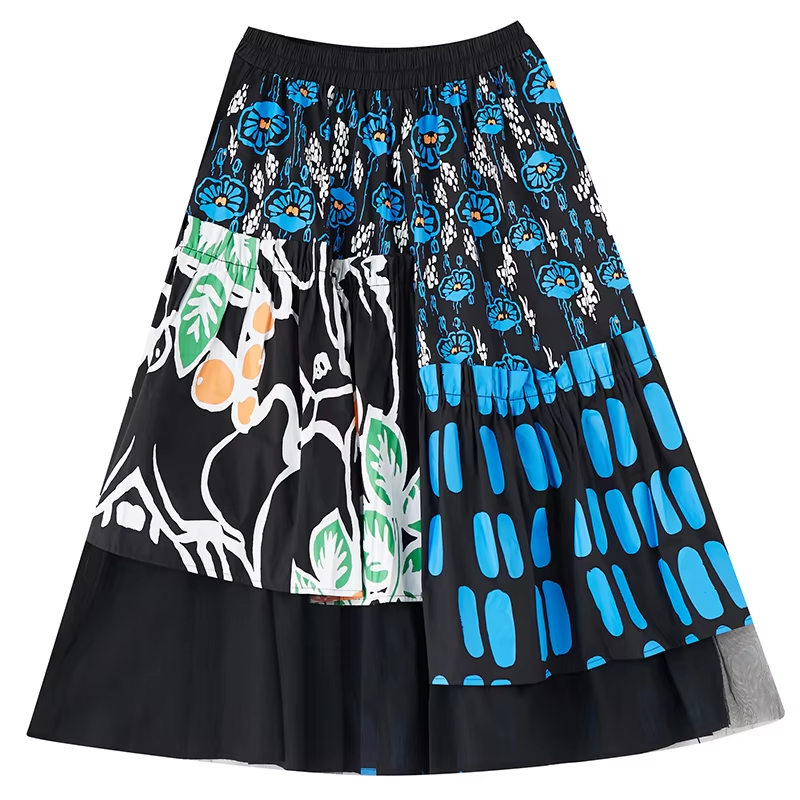 X XITAO Print Patchwork Mesh Elastic Waist Skirt Loose Fitting A-line Personality Mid-calf Fashion Simple Loose Thin Winter Female Skirt GMM1320