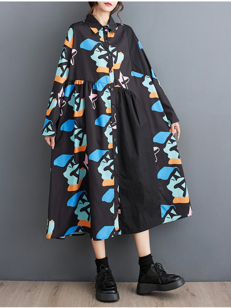 XITAO Contrast Color Print Dress Loose Fashion Long Sleeve Turn-down Collar Shirt Dress Initial Spring New Women LYD1471