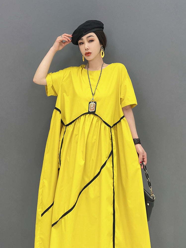 XITAO Loose Casual Dress Solid Color Patchwork O-neck Folds Pullover Show Thin Summer New Fashion All Match ZY8437