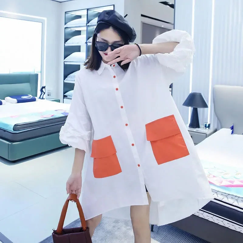 XITAO Irregular Long Shirt Splicing Contrast Color Pocket Loose Fashion Casual Women New Three Quarter Lantern Sleeve GWJ2290