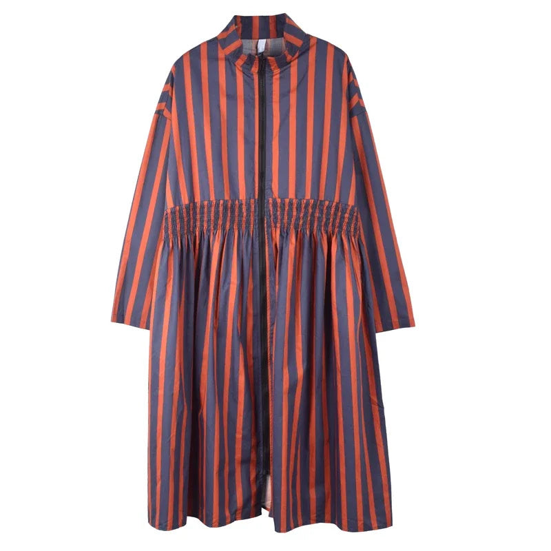 XITAO Striped Dress Fashion Stand Collar Loose Pleated Shrink Waist Shirt Dress Spring Summer Simplicity Women GWJ2751