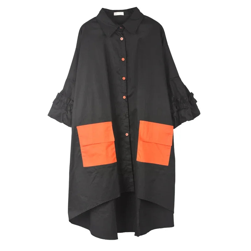 XITAO Irregular Long Shirt Splicing Contrast Color Pocket Loose Fashion Casual Women New Three Quarter Lantern Sleeve GWJ2290