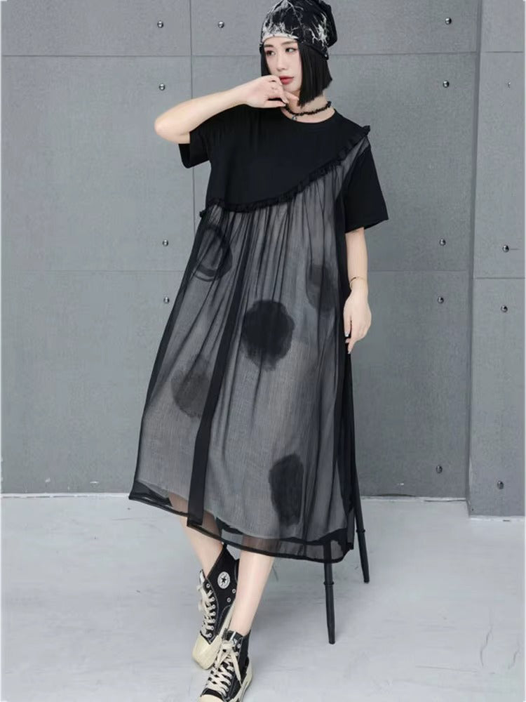 XITAO A-line Casual Loose O-neck Solid Color Half-sleeve Dress False Two Pieces Patchwork Mesh New Irregular Women Dress GMM1018