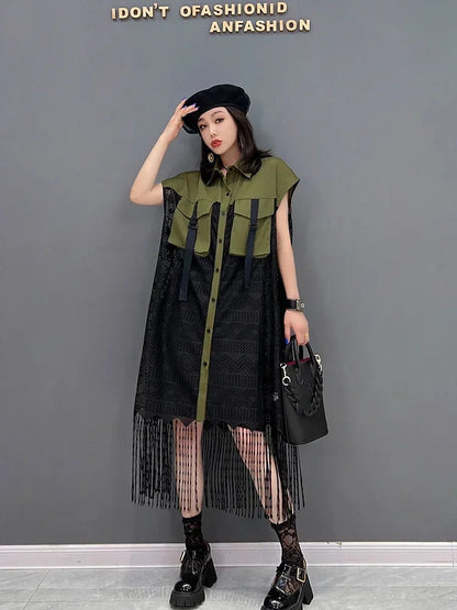 XITAO Mesh Dress Fashion Patchwork Small Fresh Single Breasted Goddess Fan Summer Minority Loose Elegant Dress ZY7350