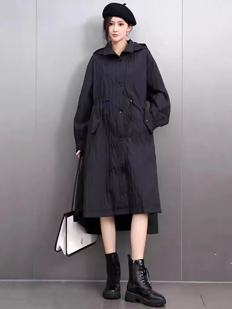 XITAO Draw Rope Hooded Full Sleeve Casual Coat Solid Color A-line Single Breasted Buckle Fashion Slimming Autumn Trench GMM1126