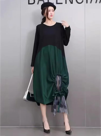 XITAO Patchwork Contrast Color Pleated Mesh Dress Casual Irregular A-line O-neck Full Sleeve Loose Fitting Autumn Dress GMM1330