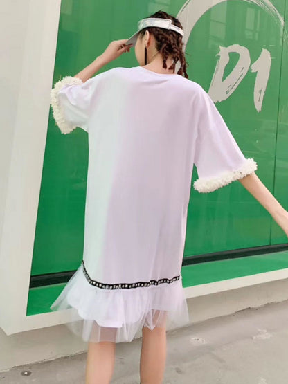 XITAO Tide Patchwork Mesh Rivet Elegant Dress Women Clothes Summer New Fashion Loose Pullover Short Sleeve Dresses  DMY4123