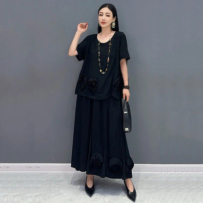 XITAO Black Women Sets Fashion Three-dimensional Flower Decoration T-shirt Casual Skirt Two Pieces Sets Summer New ZY8818