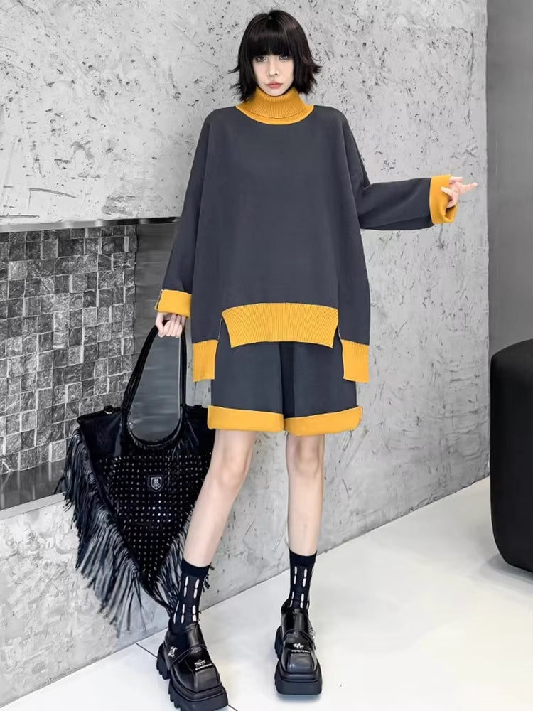 XITAO Irregular Hem Both Side Can Wear Contrast Color Matching Set Loose Fitting Fashion Knitting High Collar Autumn Set GMM1153