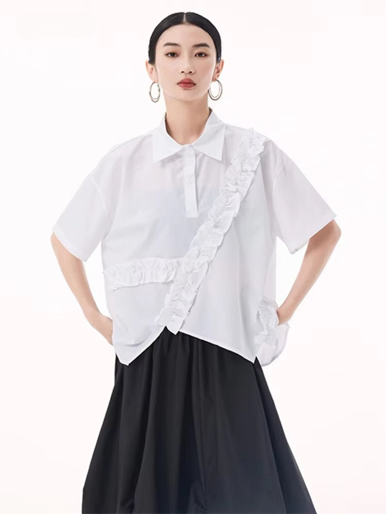 XITAO Patchwork Irregular Short Sleeve Shirt Solid Color Casual Turn-down Collar Fashion All Match Slimming Shirt GMM1373