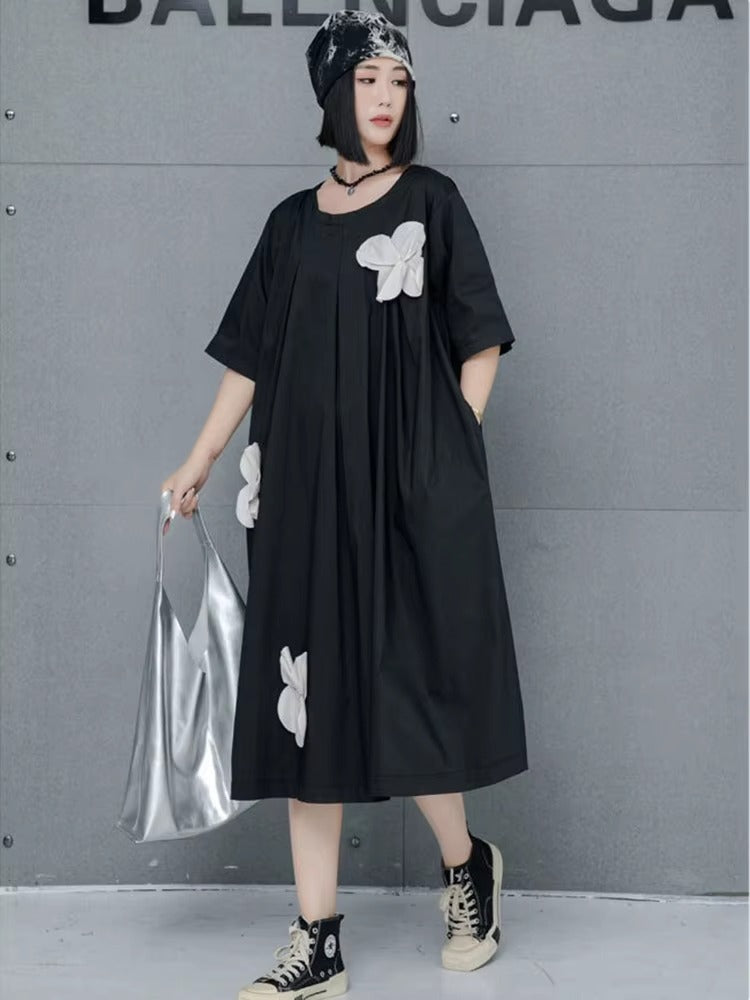 XITAO Solid Color Casual A-line Knee-length O-neck Dress New Floral Half Sleeve Pullover Loose Summer Female Dress GMM1027