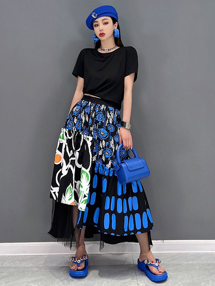 X XITAO Print Patchwork Mesh Elastic Waist Skirt Loose Fitting A-line Personality Mid-calf Fashion Simple Loose Thin Winter Female Skirt GMM1320