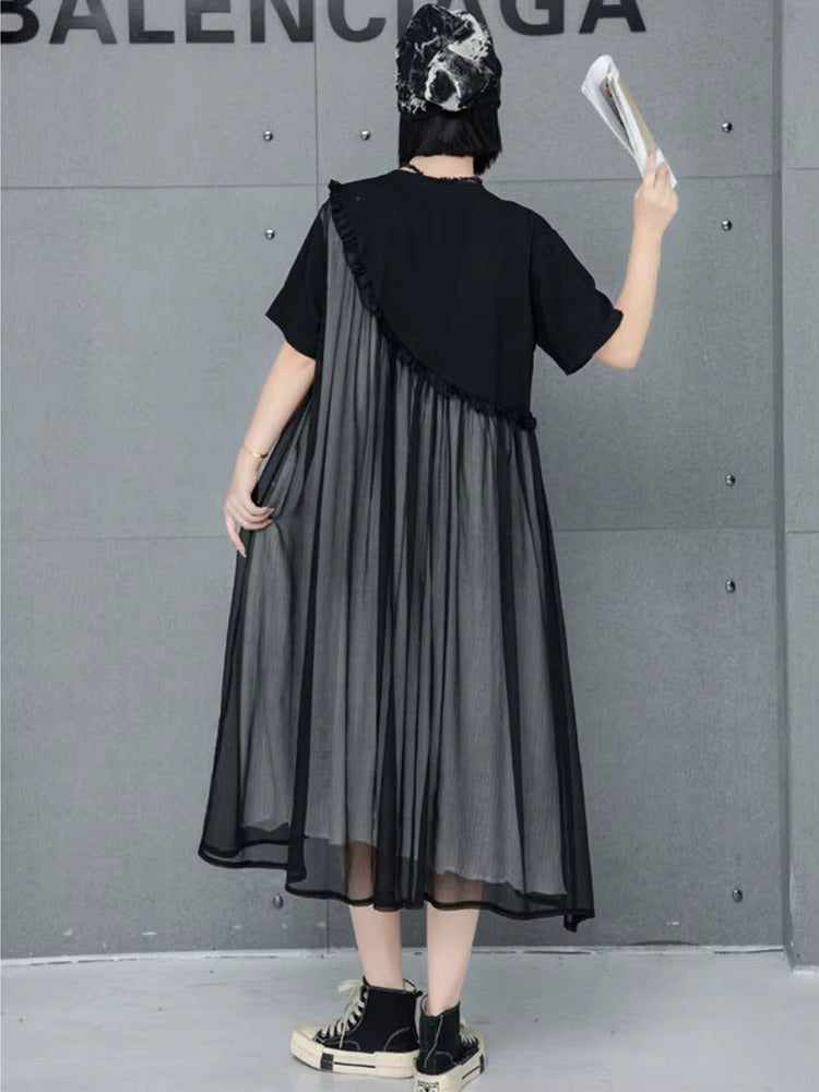 XITAO A-line Casual Loose O-neck Solid Color Half-sleeve Dress False Two Pieces Patchwork Mesh New Irregular Women Dress GMM1018