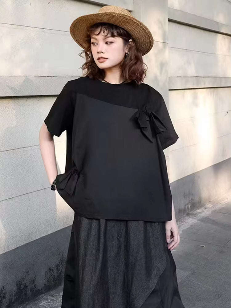 XITAO Patchwork O-neck Female T-shirt Loose Solid Color Slimming Women Simple All-match Simple Trend Short Sleeve Top GJ1136