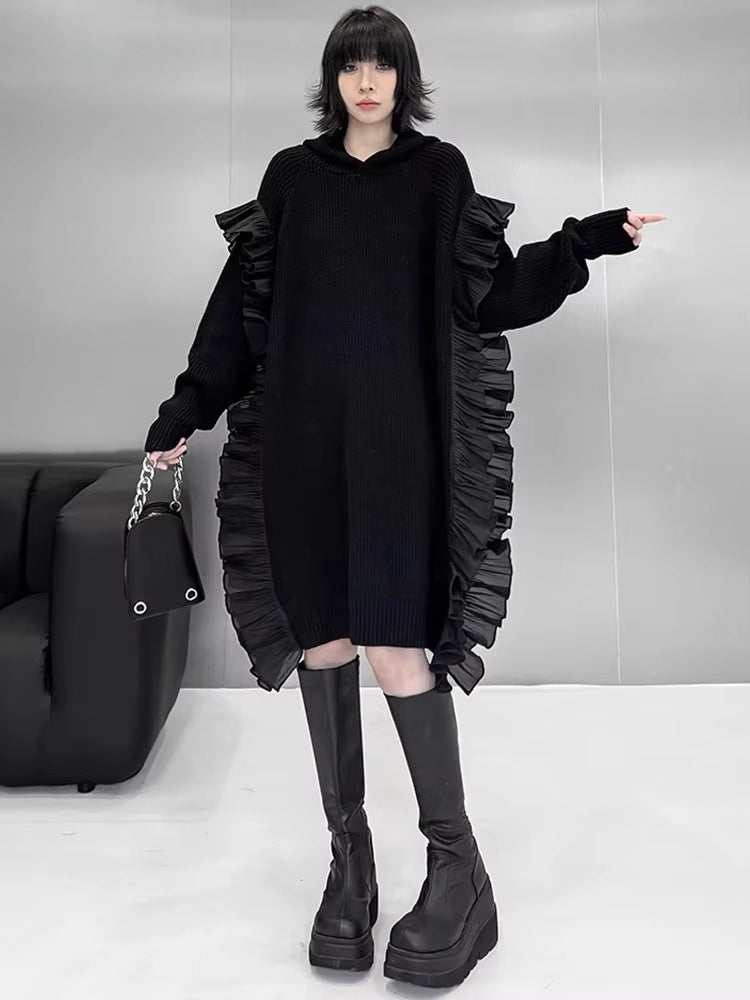 XITAO Edible Tree Fungus Knitting Hooded Dress Patchwork Long Sleeve Knee-Length Loose Fashion Casual Sweater Dress GMM1243