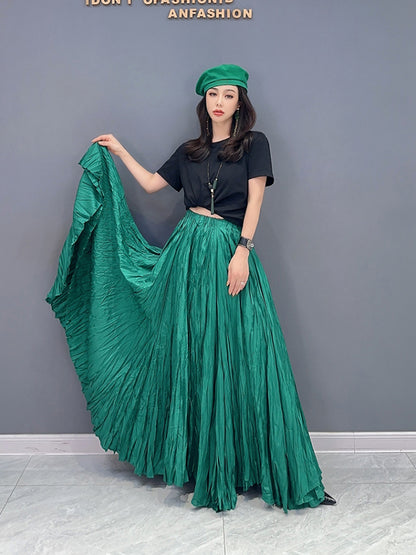 XITAO Pleated Solid Casual Skirts Women Korea Summer New Arrival Personality Fashion Loose All Match Mid-calf Skirts DMJ1498