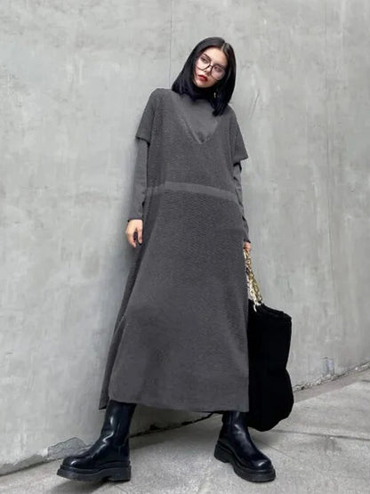 XITAO Fake Two Pieces Knitting Dress Casual Solid Color Women Fashion New Style Turtleneck Collar Long Sleeve Dress ZY2310