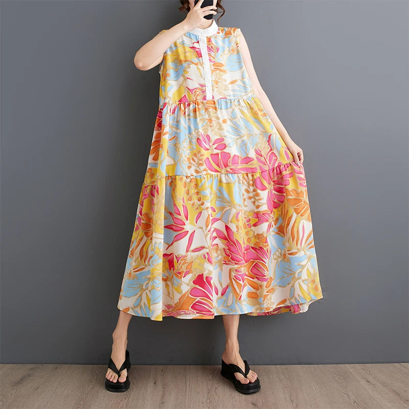 XITAO Sleeveless Print Dress Loose Fashion Stand Collar Pullover Women Summer Casual A-line Dress 2024 Simplicity New ZY8810