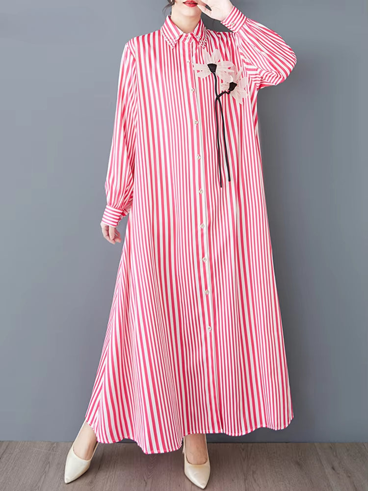 XITAO Stripe Single Breasted Lapel Flower Dress Casual Full Sleeve Loose Fitting New Simple Ankle-length Women Dress ZY8927