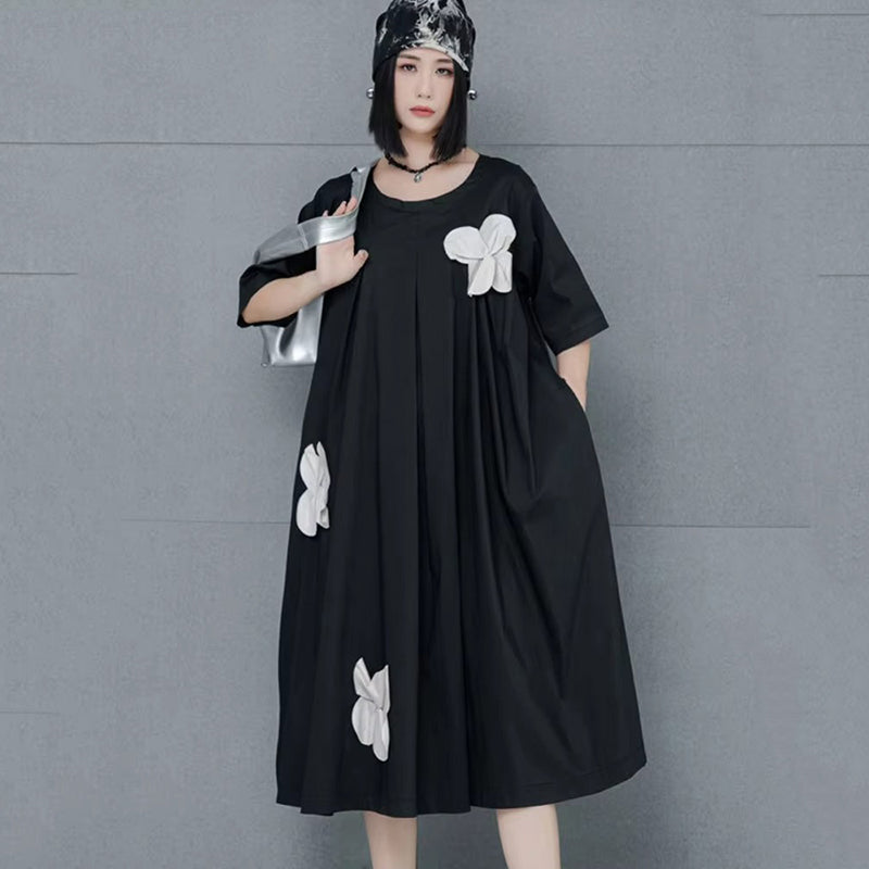 XITAO Solid Color Casual A-line Knee-length O-neck Dress New Floral Half Sleeve Pullover Loose Summer Female Dress GMM1027