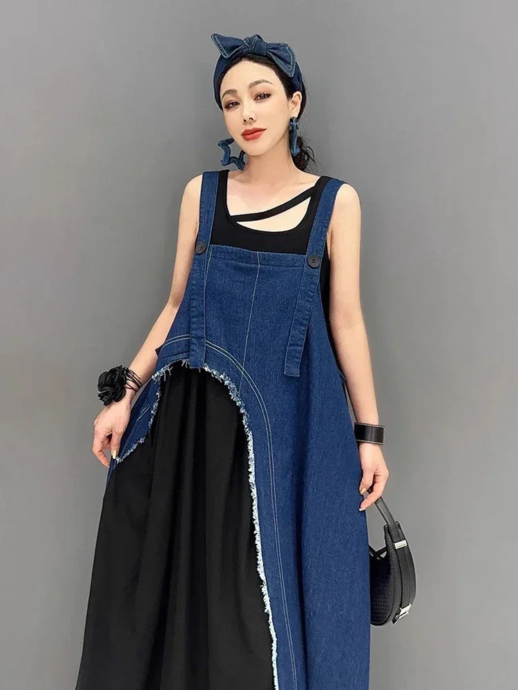 XITAO Patchwork Loose Spaghetti Strap Dress Pullover Square Collar Show Thin Summer New Arrival Casual Fashion HQQ0787