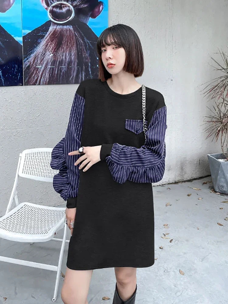 XITAO Casual Women Sweatshirt Dress Spring New Patchwork Striped Pattern O- Neck Loose Mini Simplicity Fashion WMD3617