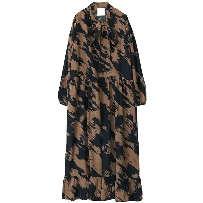 XITAO Vintage Print Dress Fashion Bandage Bow Collar Loose Long Sleeve Pullover Spring Autumn Base Dress 2024 New GWJ2559