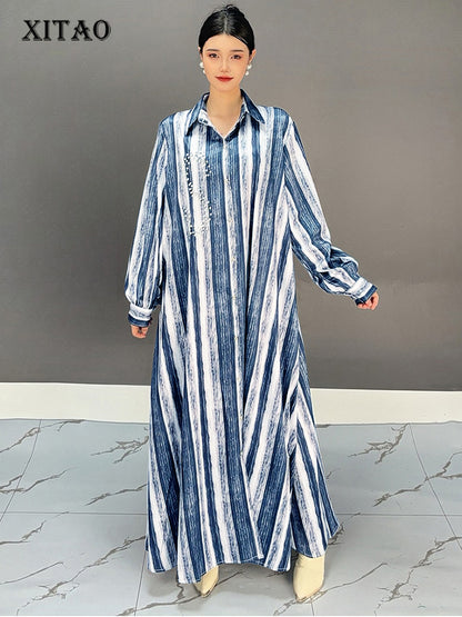 X XITAO Stripe Single Breasted Shirt Collar Dress Fashion New Arrival Vintage Casual Loose Fitting Simple Leisure Women Dress GMM1319