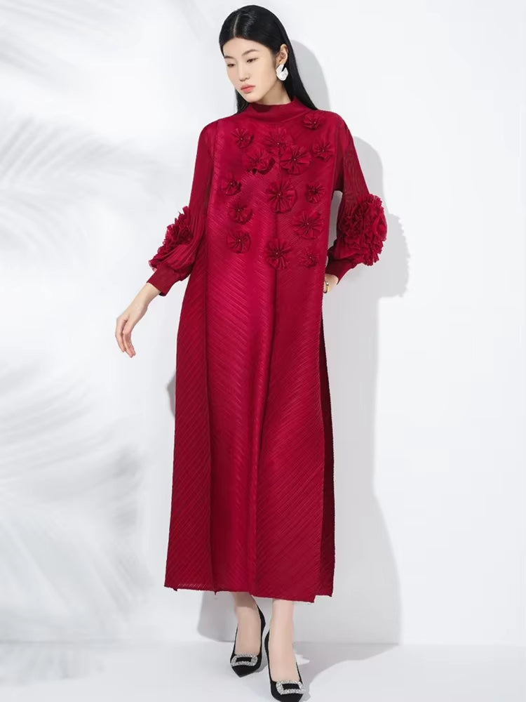 XITAO Pleated Puff Sleeve Flower Half High Collar Dress Full Sleeve Solid Color A-line Ankle-length Autumn Female Dress GMM1333