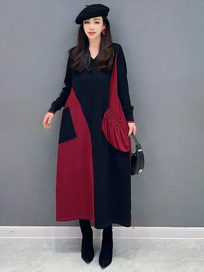 XITAO Patchwork V-neck Knitting Dress Loose Slimming Trend Pocket Women Spring All-match Contrast Color Elegant Dress HQQ1858