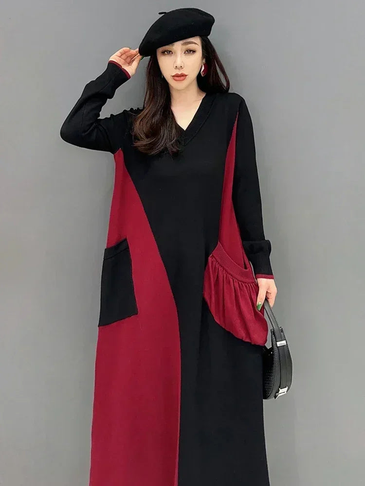 XITAO Patchwork V-neck Knitting Dress Loose Slimming Trend Pocket Women Spring All-match Contrast Color Elegant Dress HQQ1858