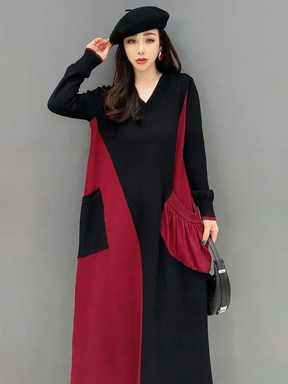 XITAO Patchwork V-neck Knitting Dress Loose Slimming Trend Pocket Women Spring All-match Contrast Color Elegant Dress HQQ1858