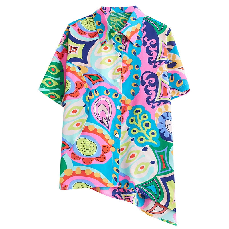 XITAO Asymmetrical Women Print Shirt Personality Fashion Loose Short Sleeve Top Summer New Street Trendy Shirt ZY8785