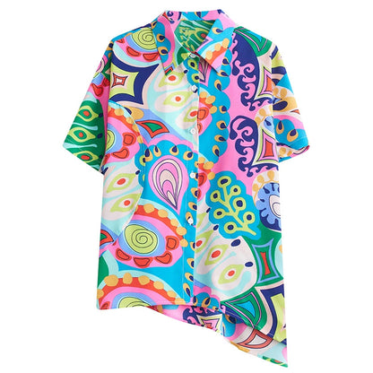 XITAO Asymmetrical Women Print Shirt Personality Fashion Loose Short Sleeve Top Summer New Street Trendy Shirt ZY8785