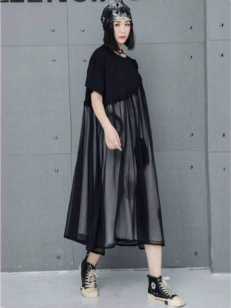 XITAO A-line Casual Loose O-neck Solid Color Half-sleeve Dress False Two Pieces Patchwork Mesh New Irregular Women Dress GMM1018