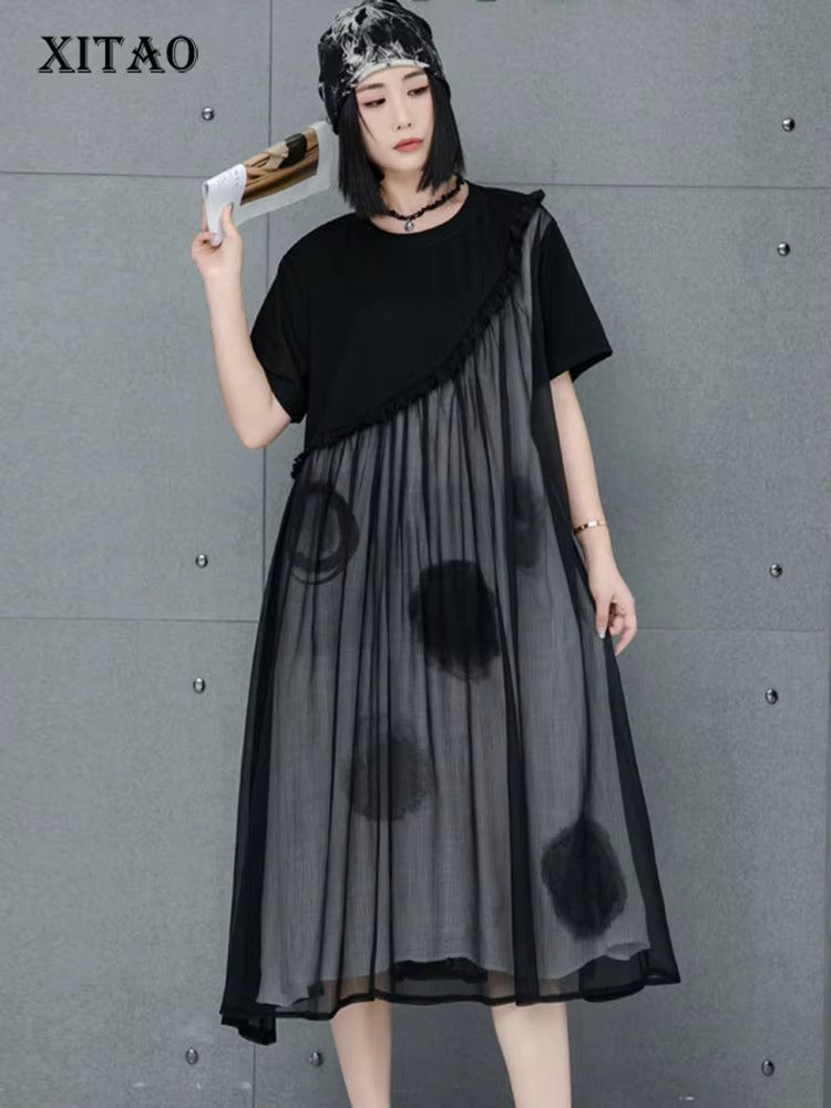 XITAO A-line Casual Loose O-neck Solid Color Half-sleeve Dress False Two Pieces Patchwork Mesh New Irregular Women Dress GMM1018