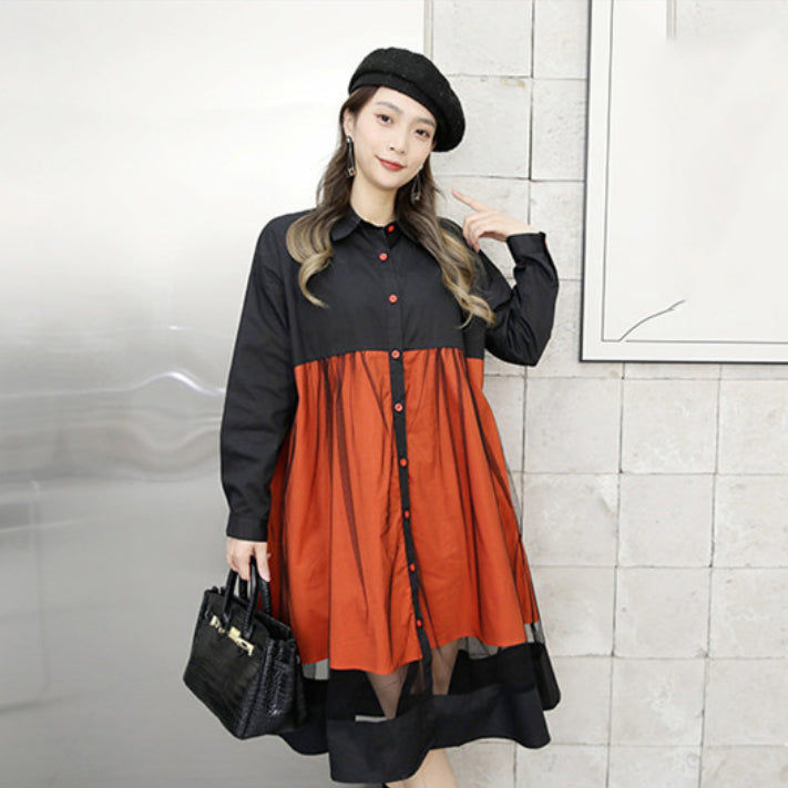 XITAO Patchwork Mesh Single Breasted Shirt Dress Loose Long Sleeve Spring New Arrival Casual Fashion All Match FBB1629