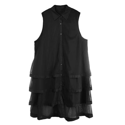 XITAO Single Breasted Hollow Out Mesh Patchwork Dress Turn-down Collar Hong Kong Casual Solid Color Summer Women Dress GMM1350