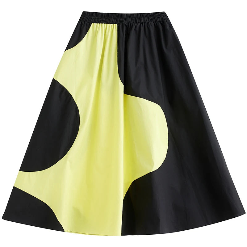 XITAO Elastic Waist Contrast Color Pocket Skirts Patchwork A-line Mid-calf Loose Slimming Skirts Spring Casual New DMJ3860