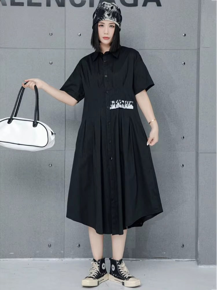 XITAO Loose Turn-down Collar Mid-calf A-line Solid Color Dress Irregular New Thin Single Breasted Buckle Female Dress GMM1019